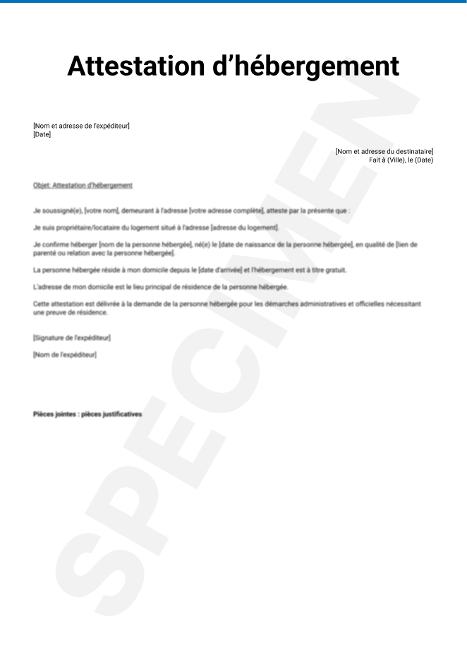 Attestation d'hébergement